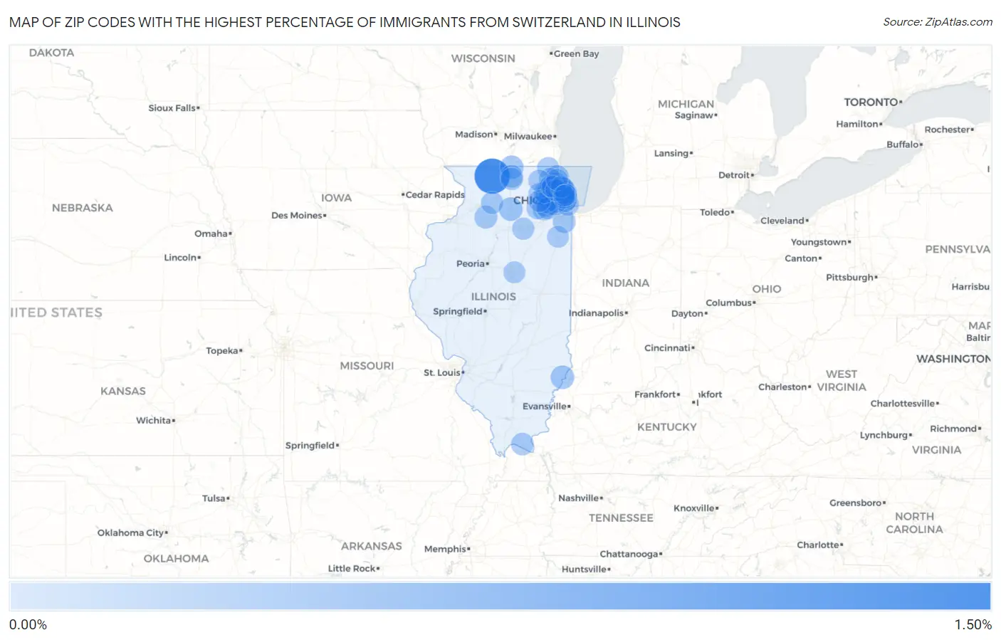 Zip Codes with the Highest Percentage of Immigrants from Switzerland in Illinois Map
