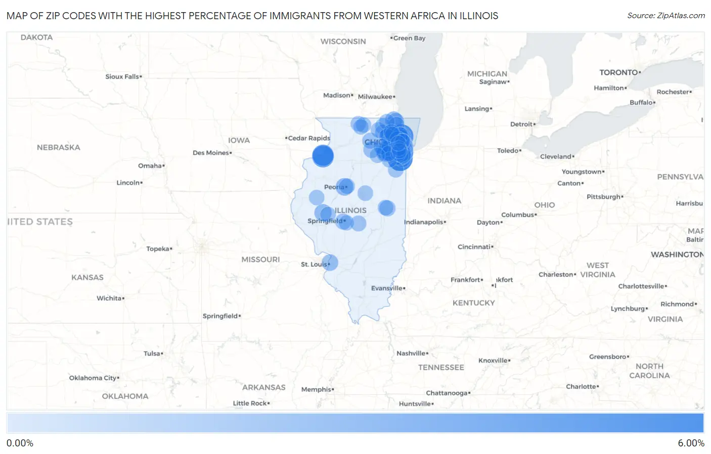 Zip Codes with the Highest Percentage of Immigrants from Western Africa in Illinois Map