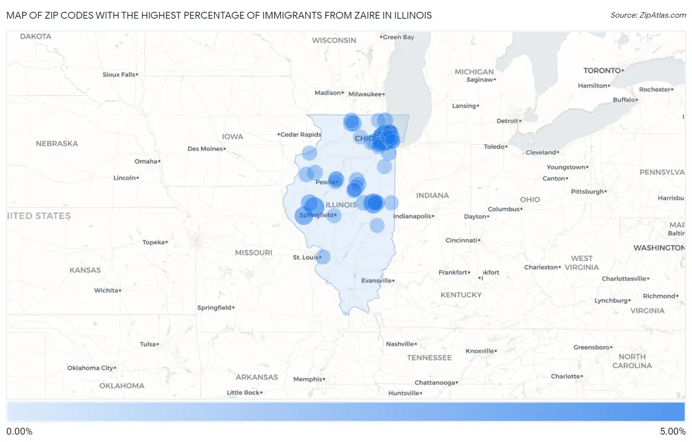 Zip Codes with the Highest Percentage of Immigrants from Zaire in Illinois Map