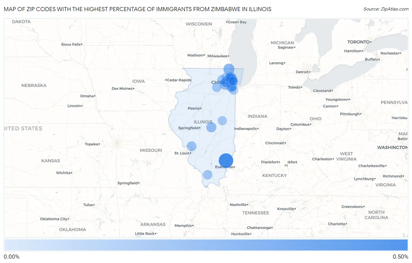 Zip Codes with the Highest Percentage of Immigrants from Zimbabwe in Illinois Map