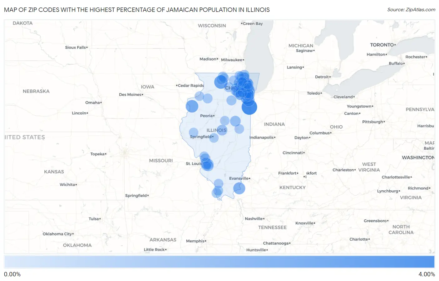 Zip Codes with the Highest Percentage of Jamaican Population in Illinois Map