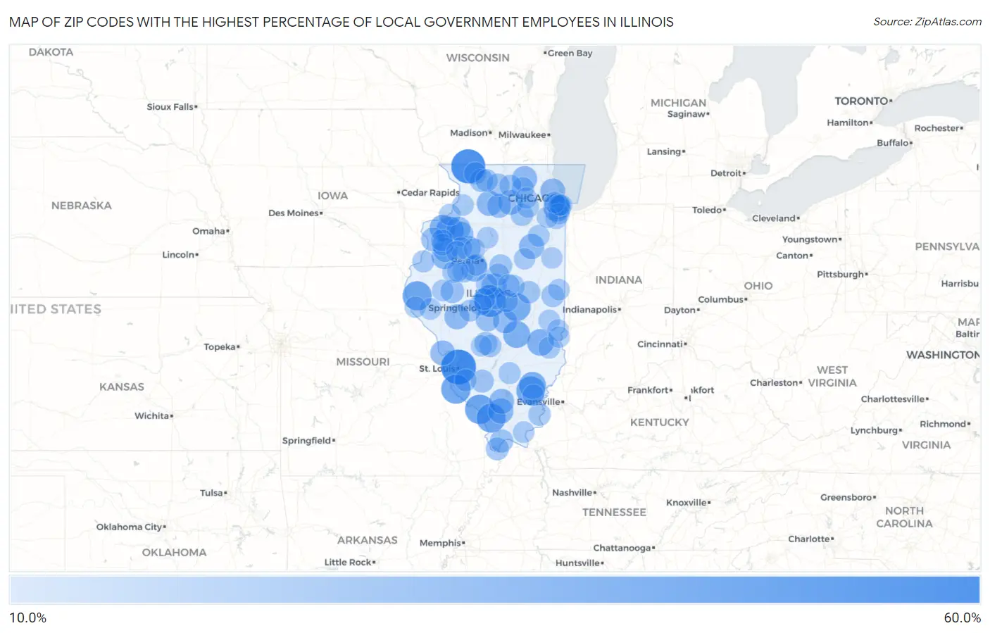 Zip Codes with the Highest Percentage of Local Government Employees in Illinois Map