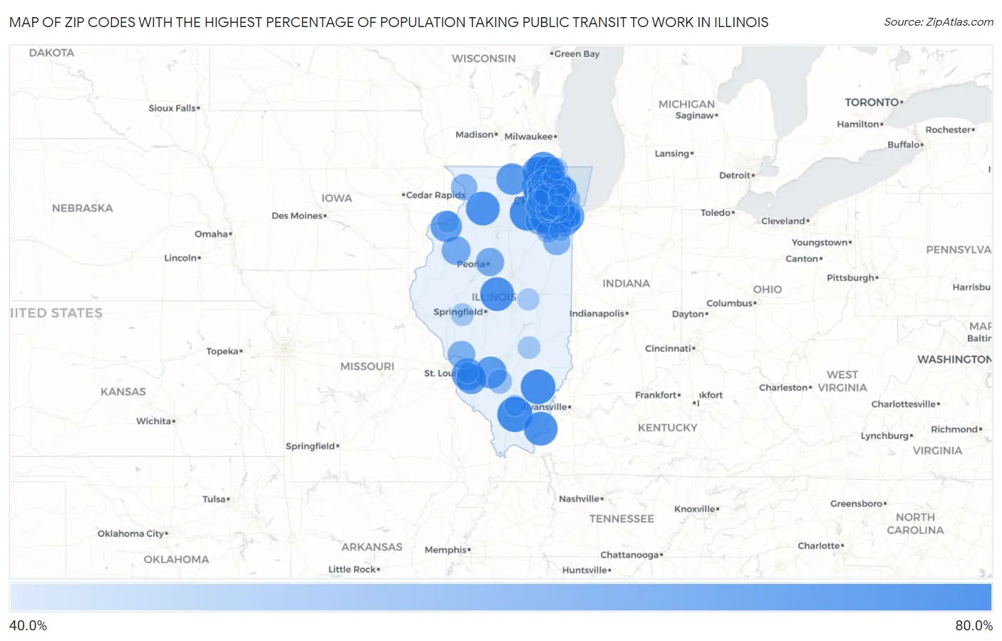 Zip Codes with the Highest Percentage of Population Taking Public Transit to Work in Illinois Map