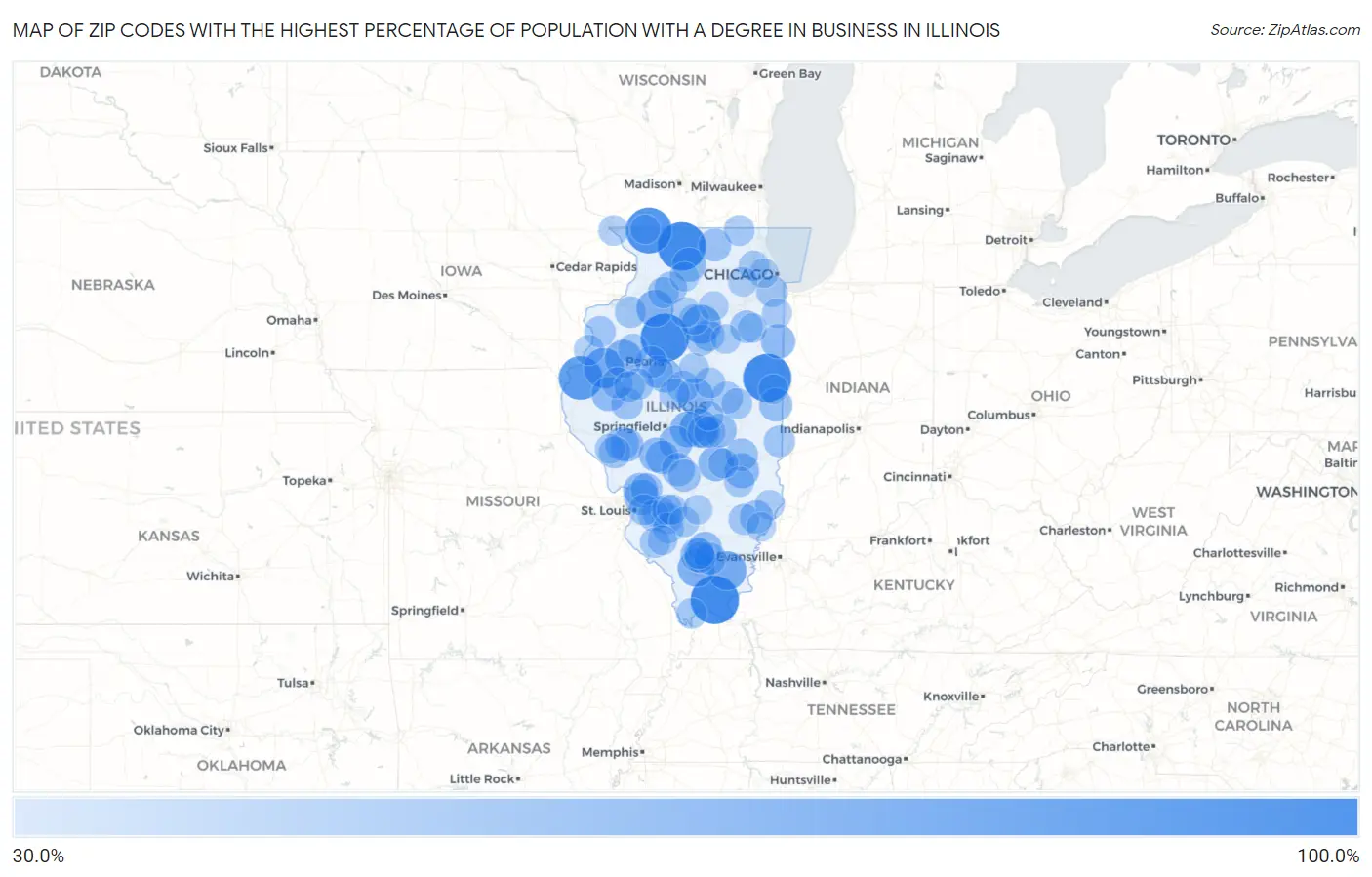 Zip Codes with the Highest Percentage of Population with a Degree in Business in Illinois Map