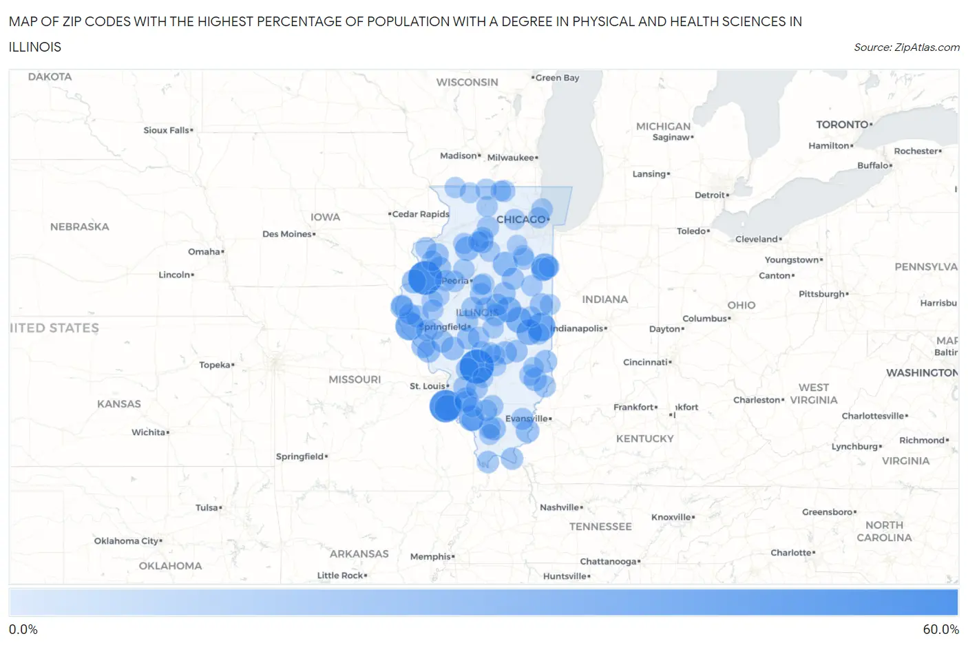 Zip Codes with the Highest Percentage of Population with a Degree in Physical and Health Sciences in Illinois Map