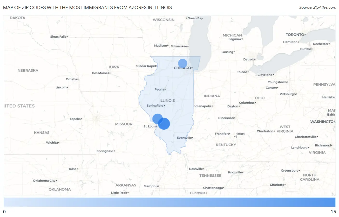 Zip Codes with the Most Immigrants from Azores in Illinois Map