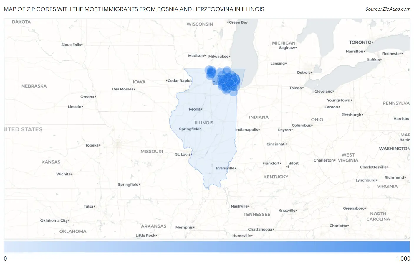 Zip Codes with the Most Immigrants from Bosnia and Herzegovina in Illinois Map