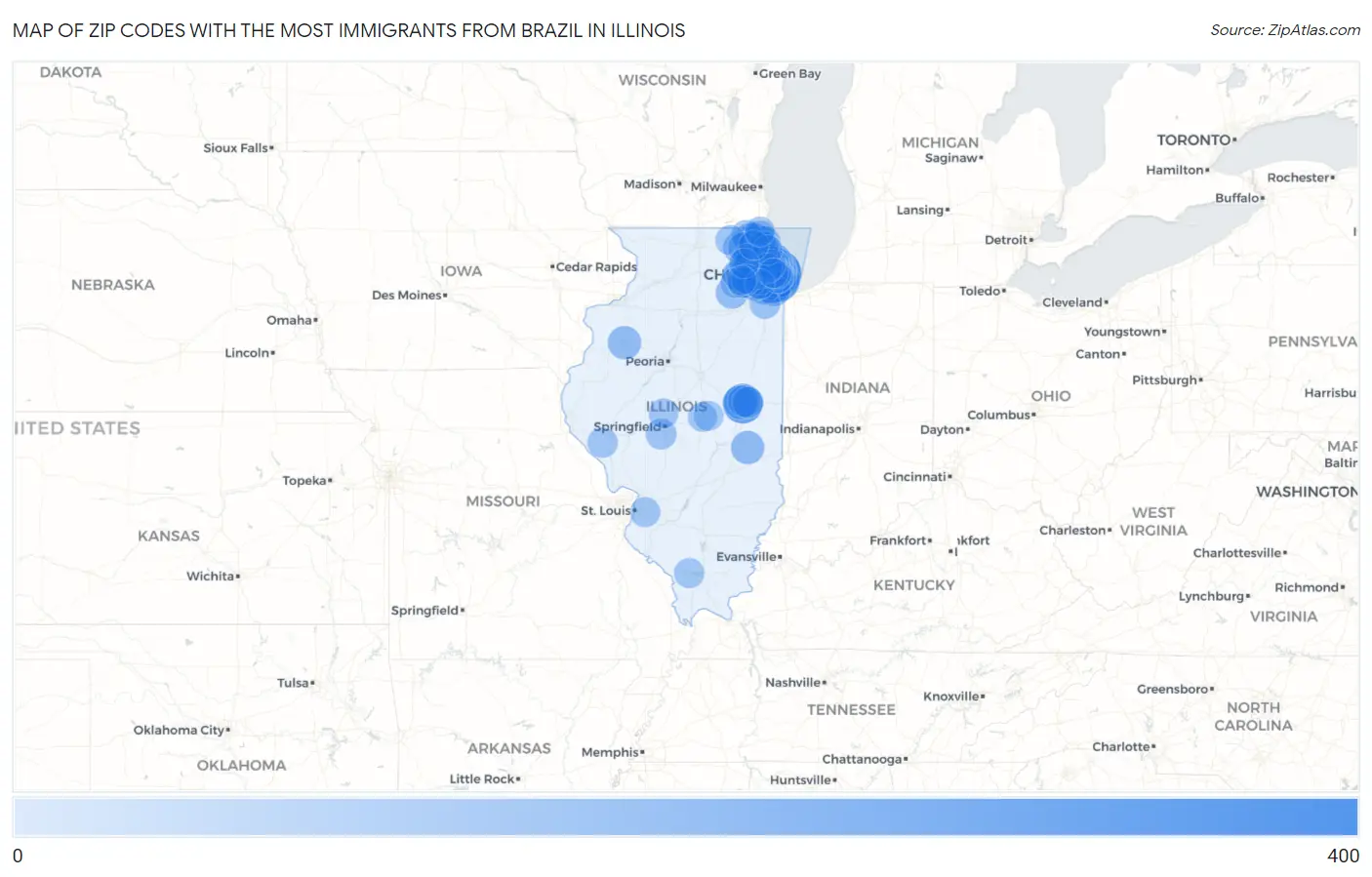 Zip Codes with the Most Immigrants from Brazil in Illinois Map