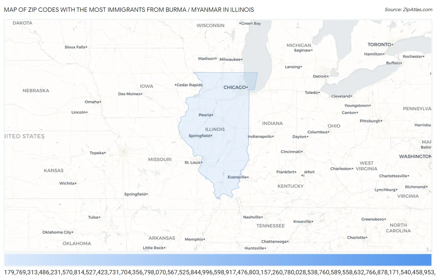 Zip Codes with the Most Immigrants from Burma / Myanmar in Illinois Map
