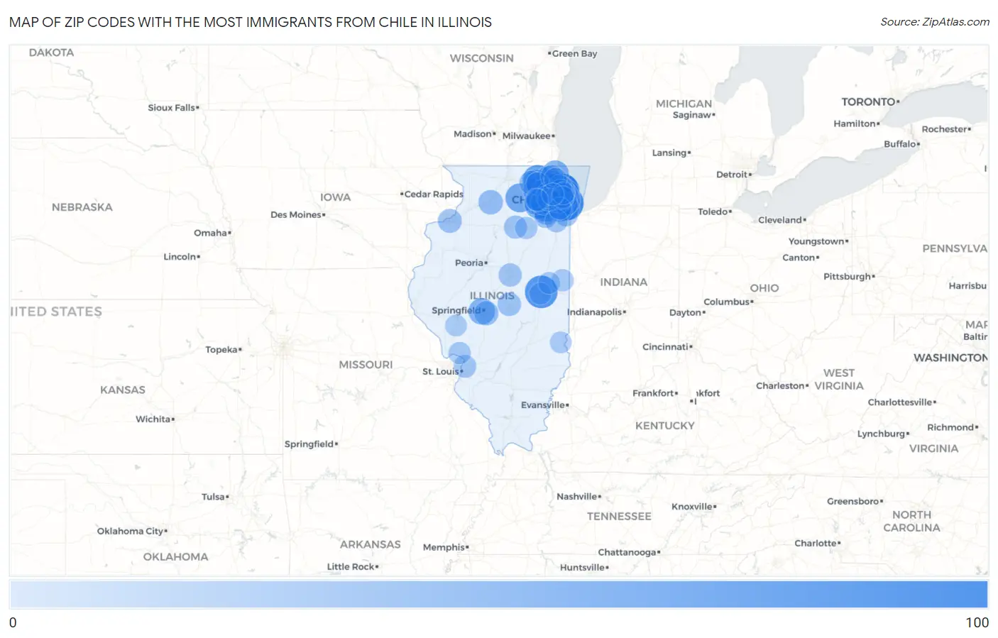 Zip Codes with the Most Immigrants from Chile in Illinois Map