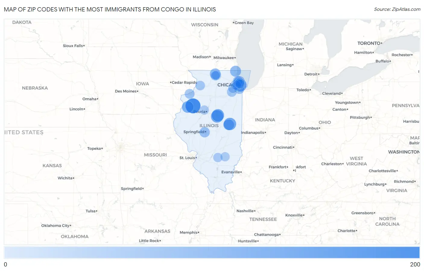 Zip Codes with the Most Immigrants from Congo in Illinois Map