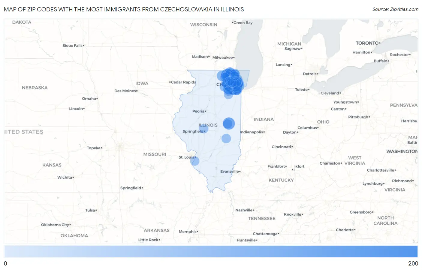 Zip Codes with the Most Immigrants from Czechoslovakia in Illinois Map