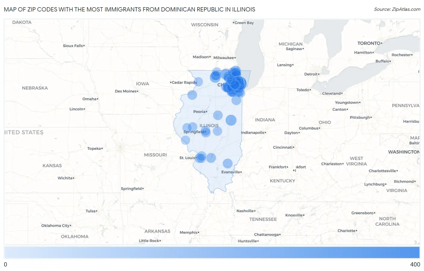 Zip Codes with the Most Immigrants from Dominican Republic in Illinois Map