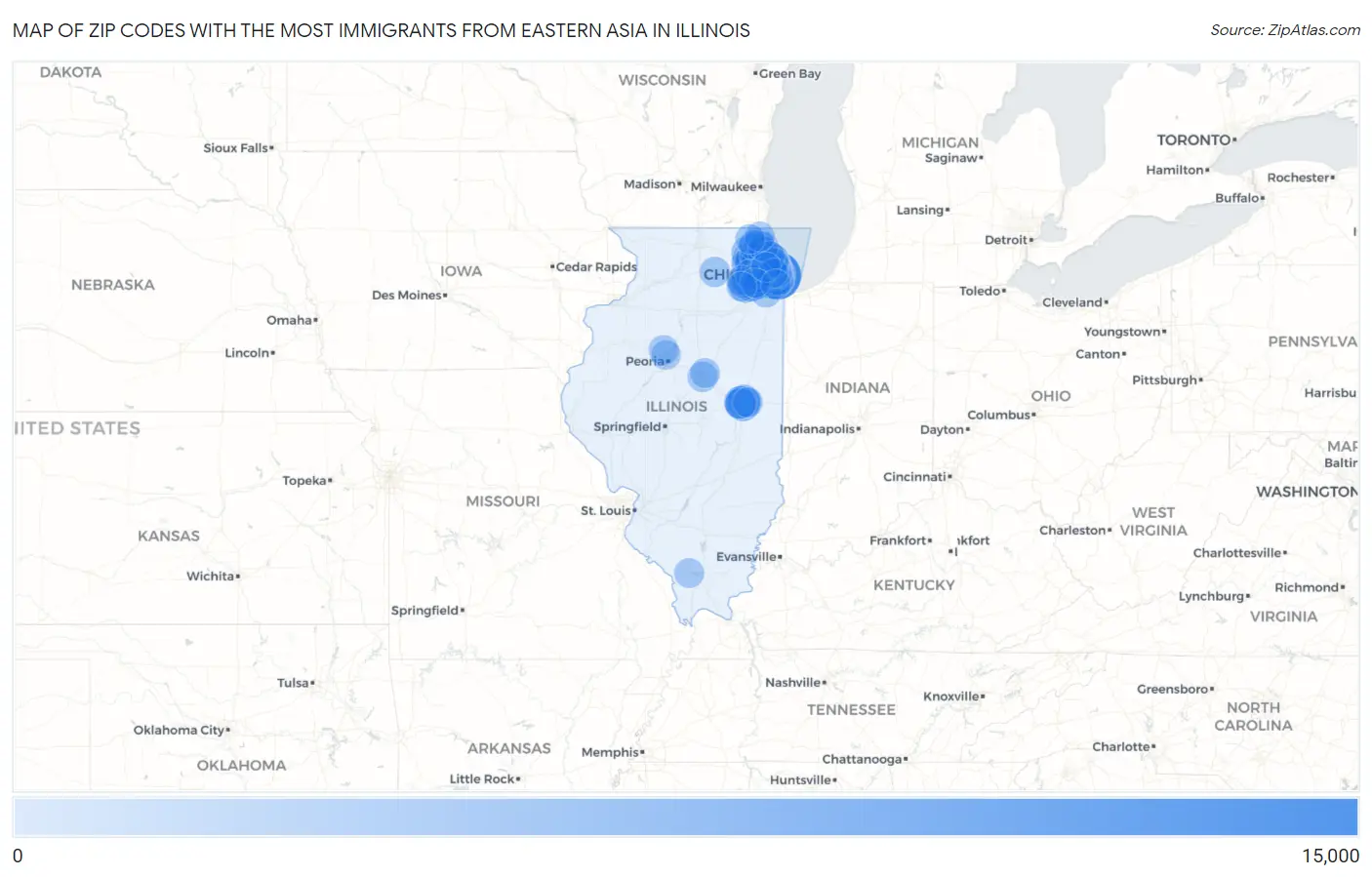 Zip Codes with the Most Immigrants from Eastern Asia in Illinois Map