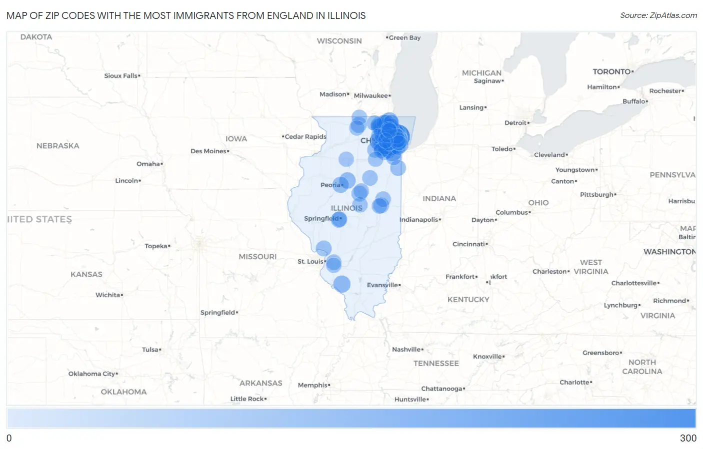 Zip Codes with the Most Immigrants from England in Illinois Map
