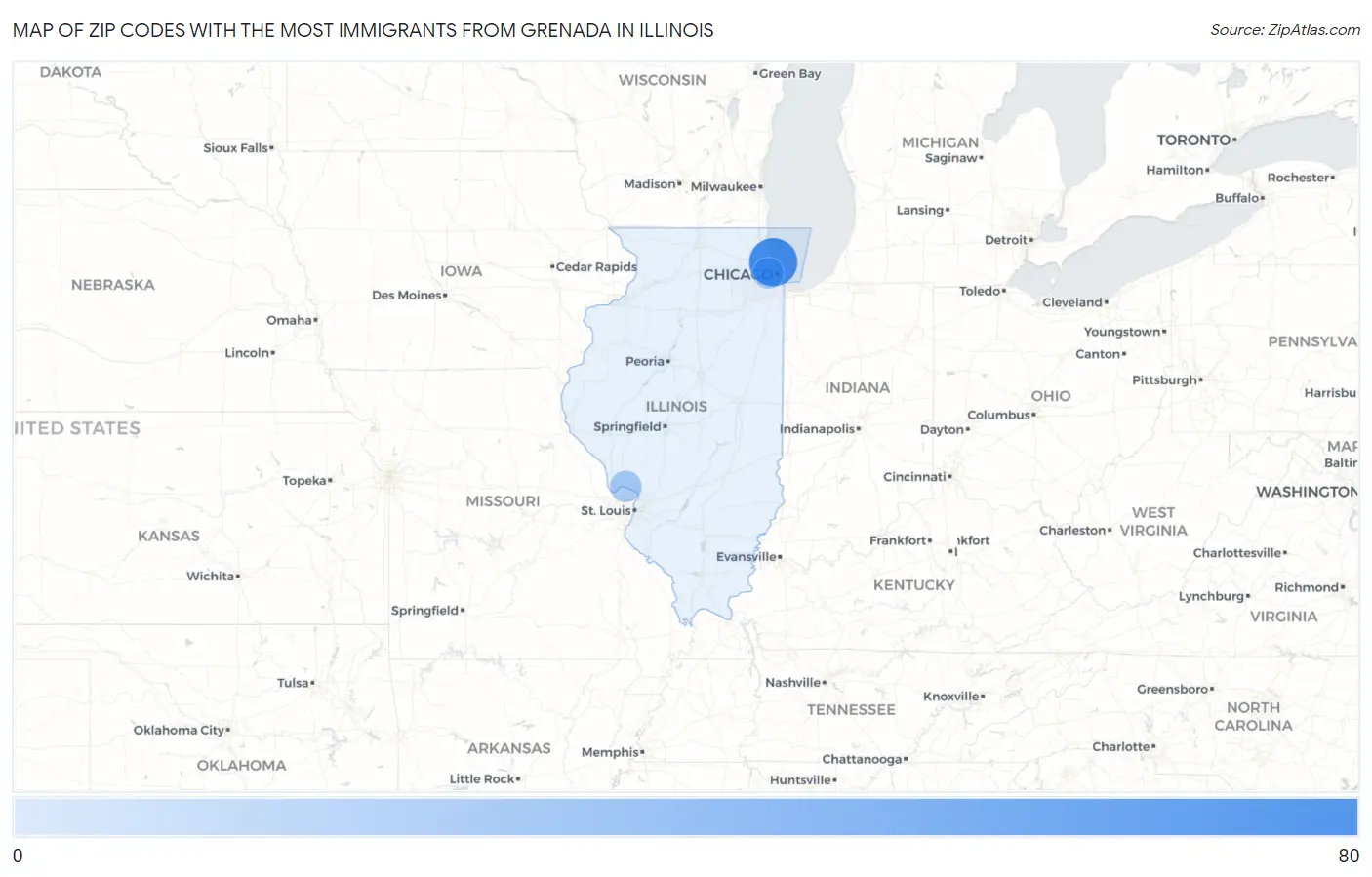Zip Codes with the Most Immigrants from Grenada in Illinois Map