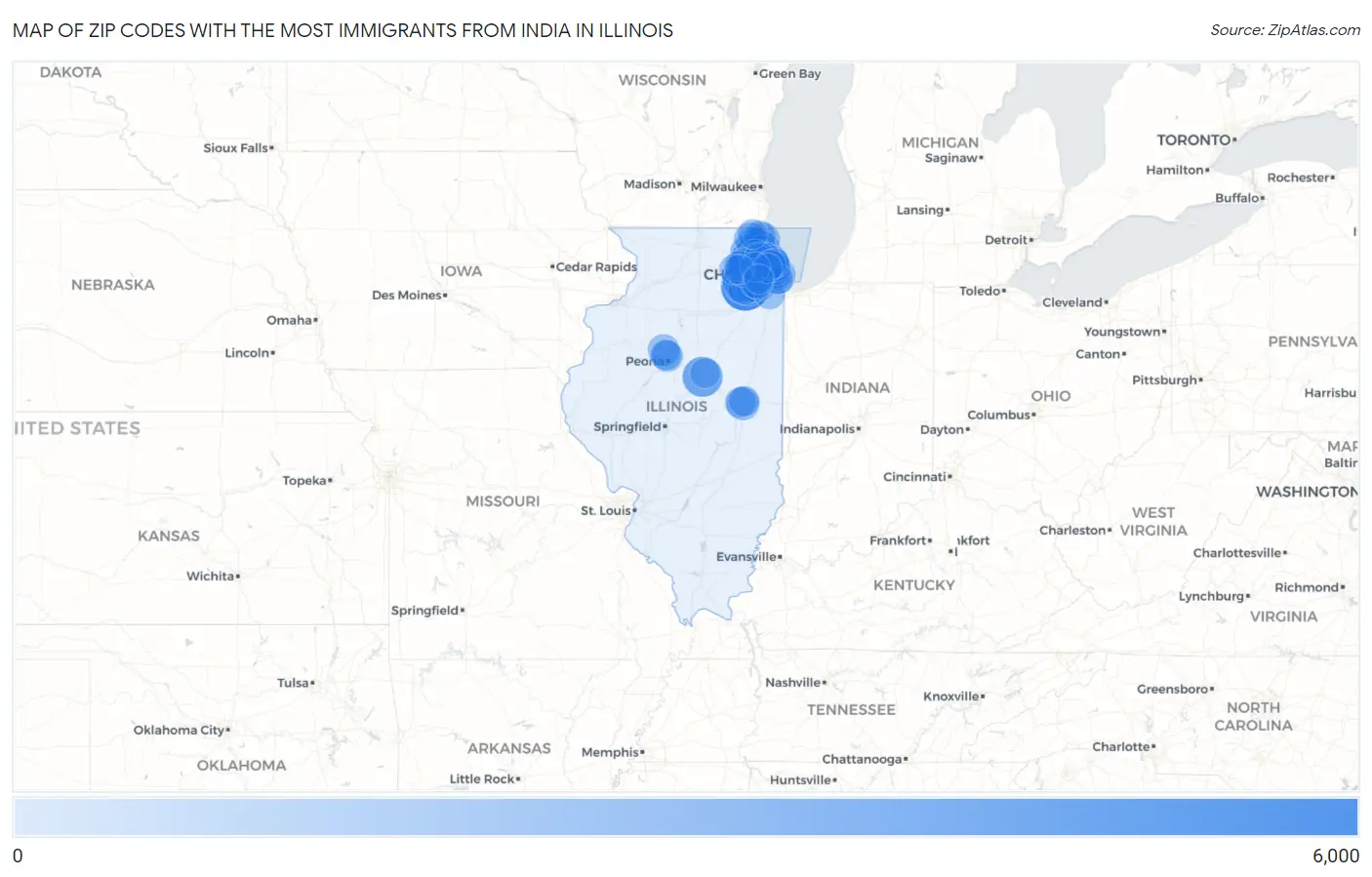 Zip Codes with the Most Immigrants from India in Illinois Map