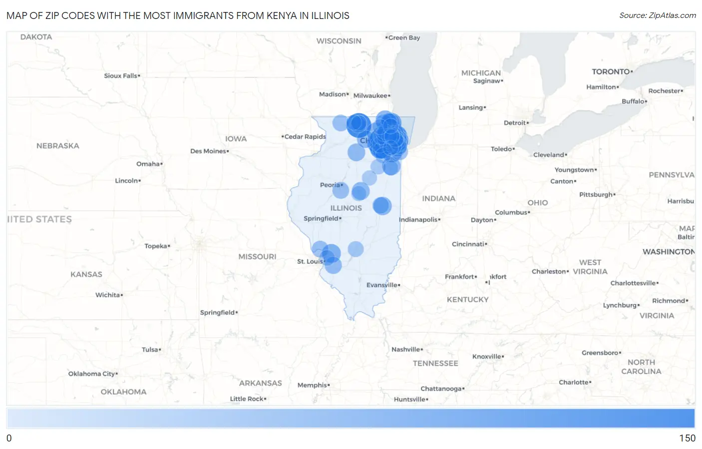 Zip Codes with the Most Immigrants from Kenya in Illinois Map