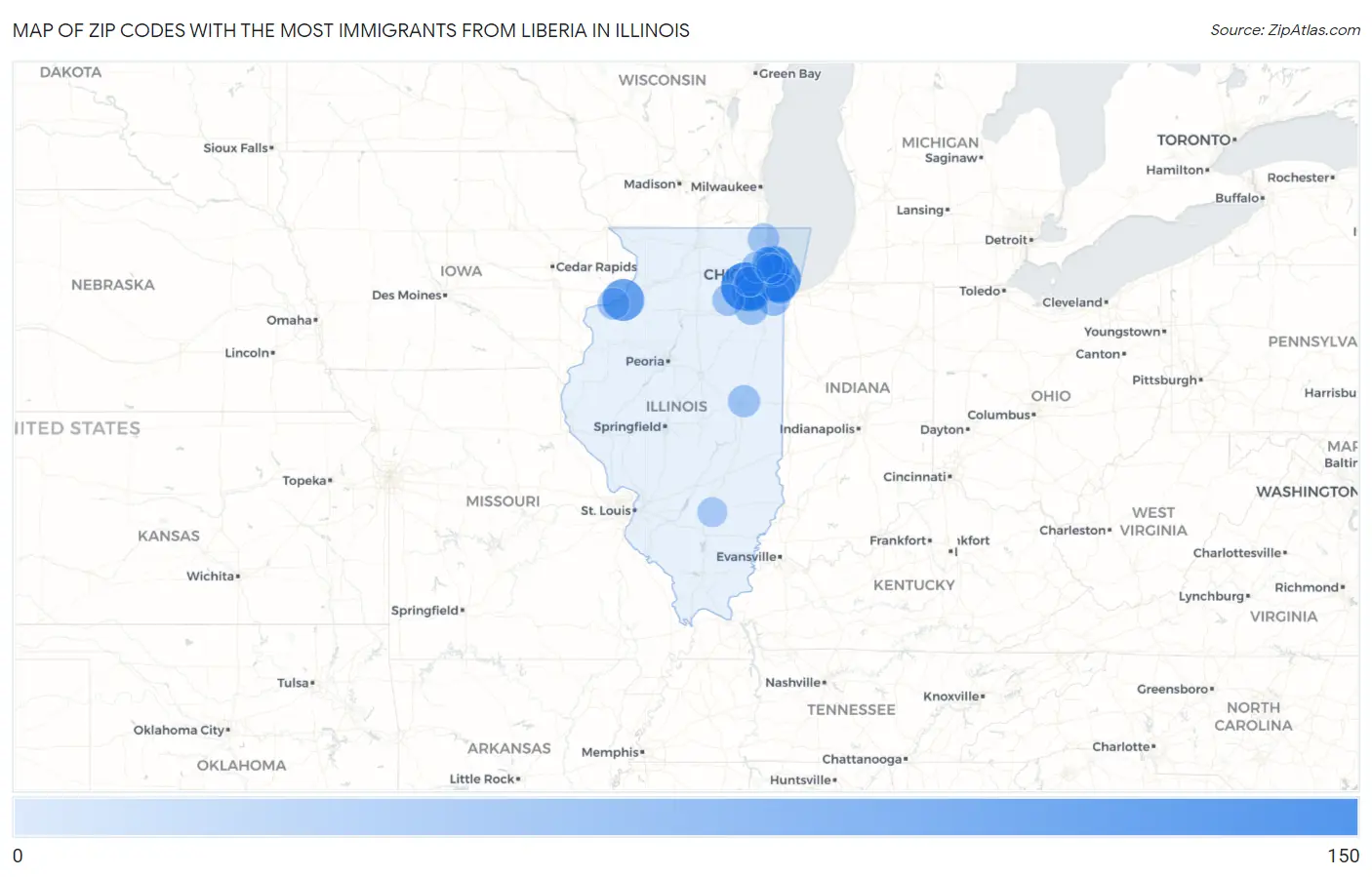 Zip Codes with the Most Immigrants from Liberia in Illinois Map