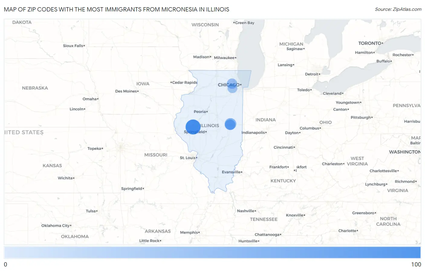 Zip Codes with the Most Immigrants from Micronesia in Illinois Map