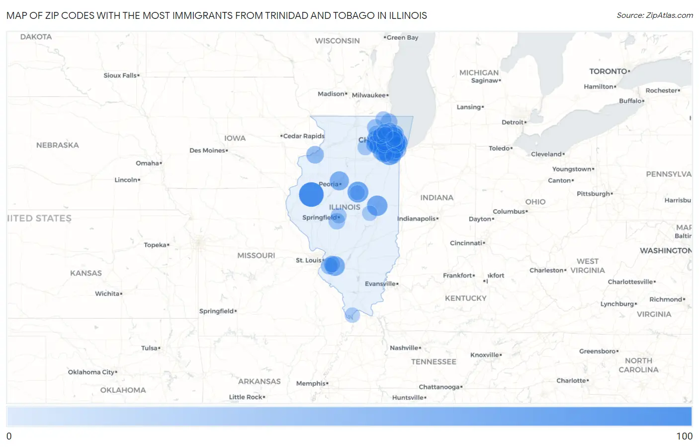 Zip Codes with the Most Immigrants from Trinidad and Tobago in Illinois Map