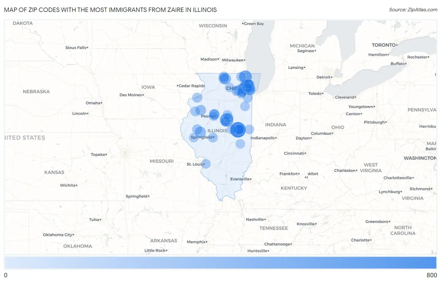 Zip Codes with the Most Immigrants from Zaire in Illinois Map