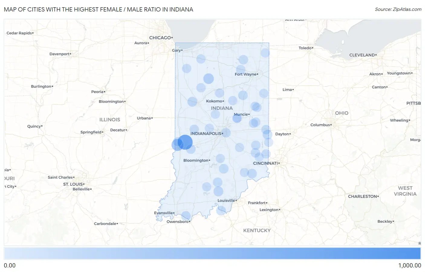 Cities with the Highest Female / Male Ratio in Indiana Map