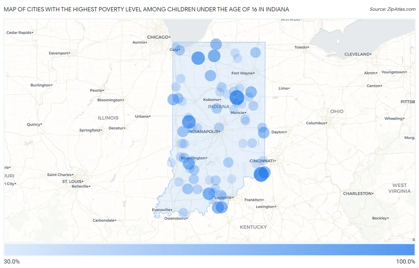 Cities with the Highest Poverty Level Among Children Under the Age of 16 in Indiana Map