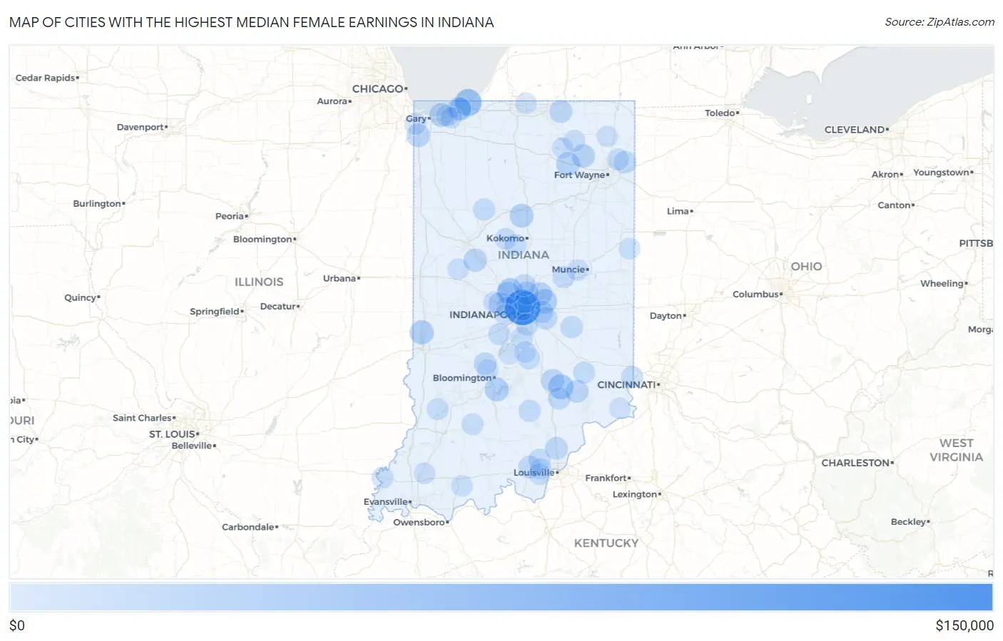Cities with the Highest Median Female Earnings in Indiana Map