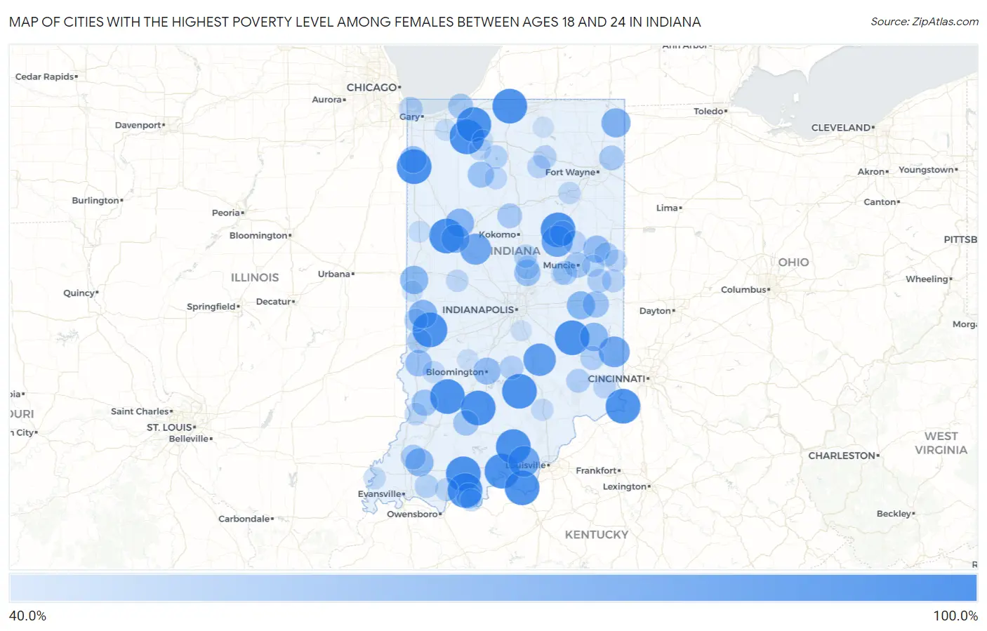 Cities with the Highest Poverty Level Among Females Between Ages 18 and 24 in Indiana Map