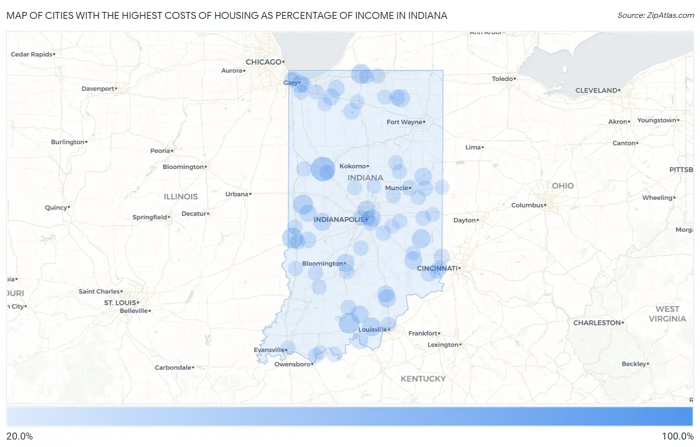Cities with the Highest Costs of Housing as Percentage of Income in Indiana Map