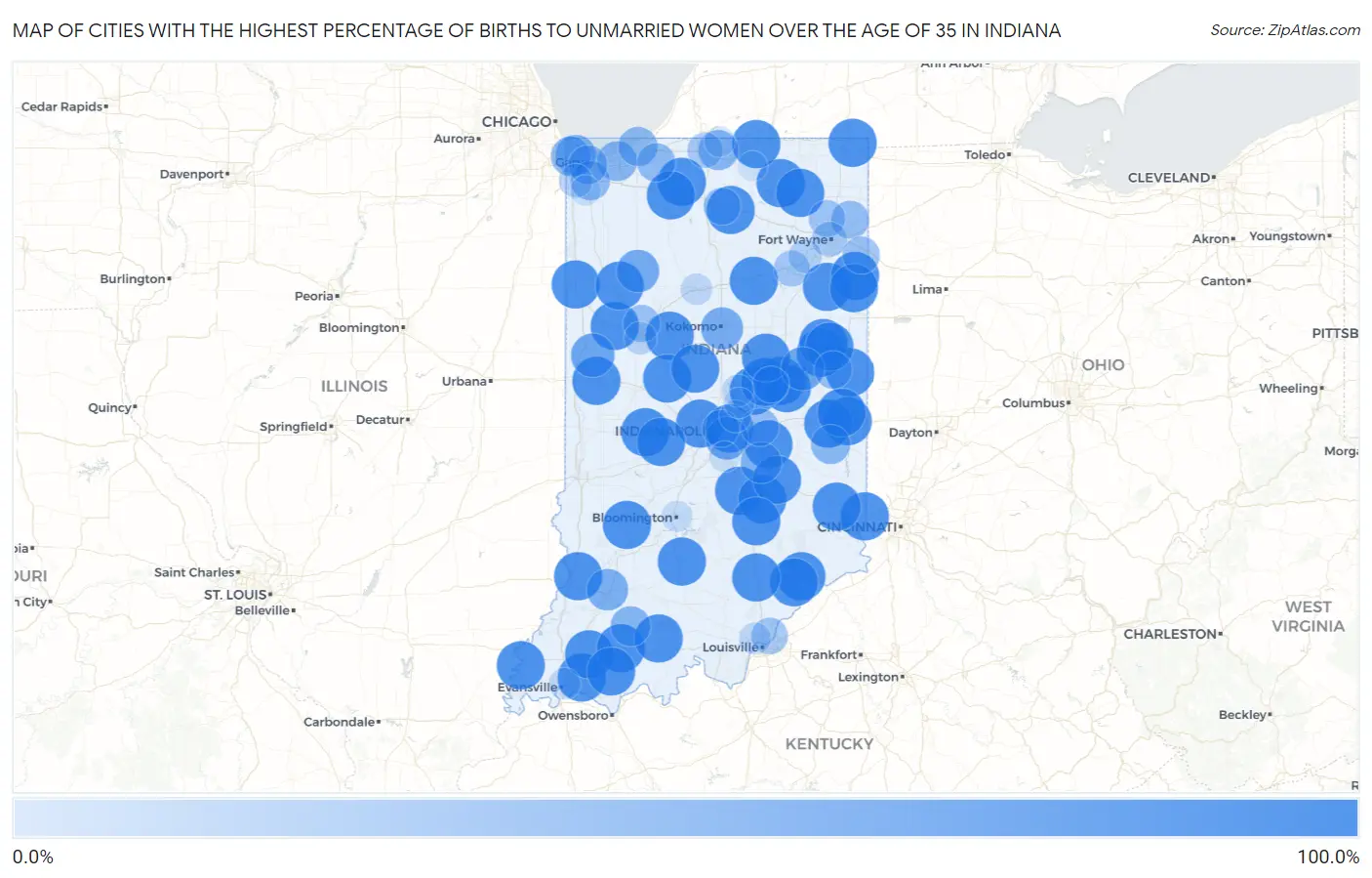Cities with the Highest Percentage of Births to Unmarried Women over the Age of 35 in Indiana Map