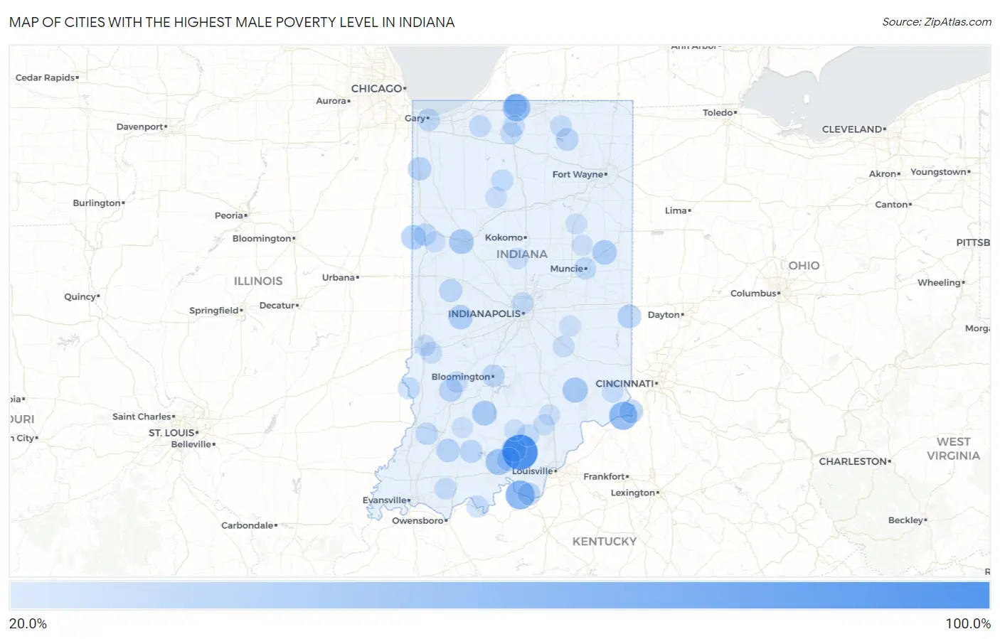 Cities with the Highest Male Poverty Level in Indiana Map