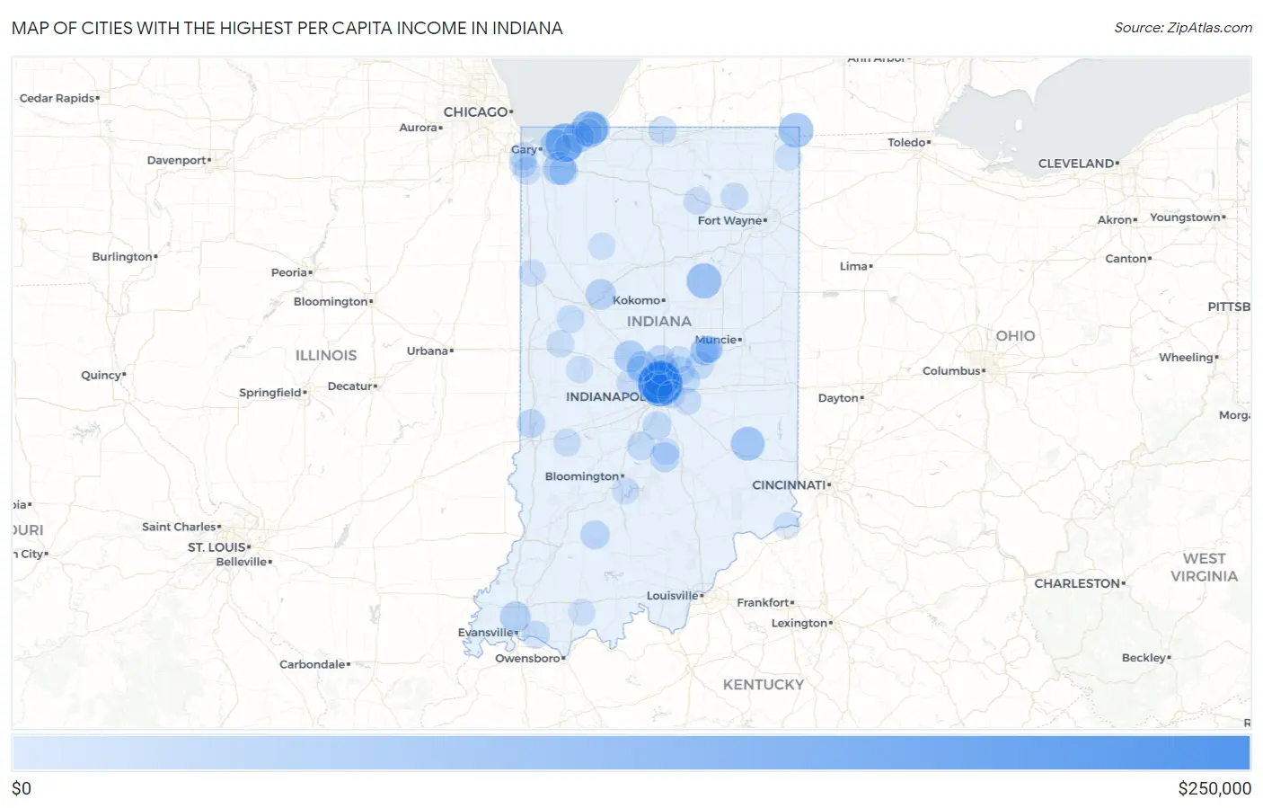 Cities with the Highest Per Capita Income in Indiana Map