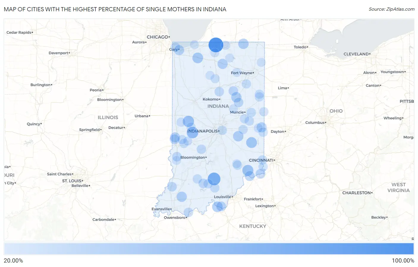 Cities with the Highest Percentage of Single Mothers in Indiana Map