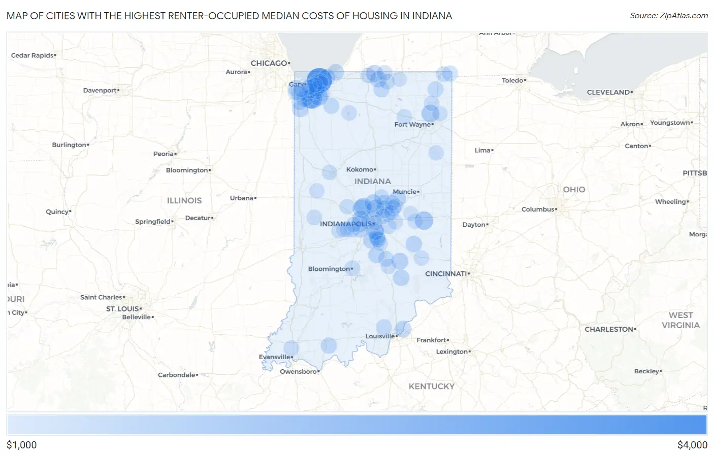 Cities with the Highest Renter-Occupied Median Costs of Housing in Indiana Map