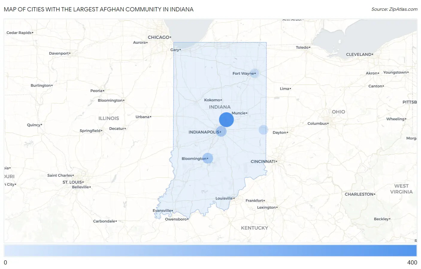 Cities with the Largest Afghan Community in Indiana Map