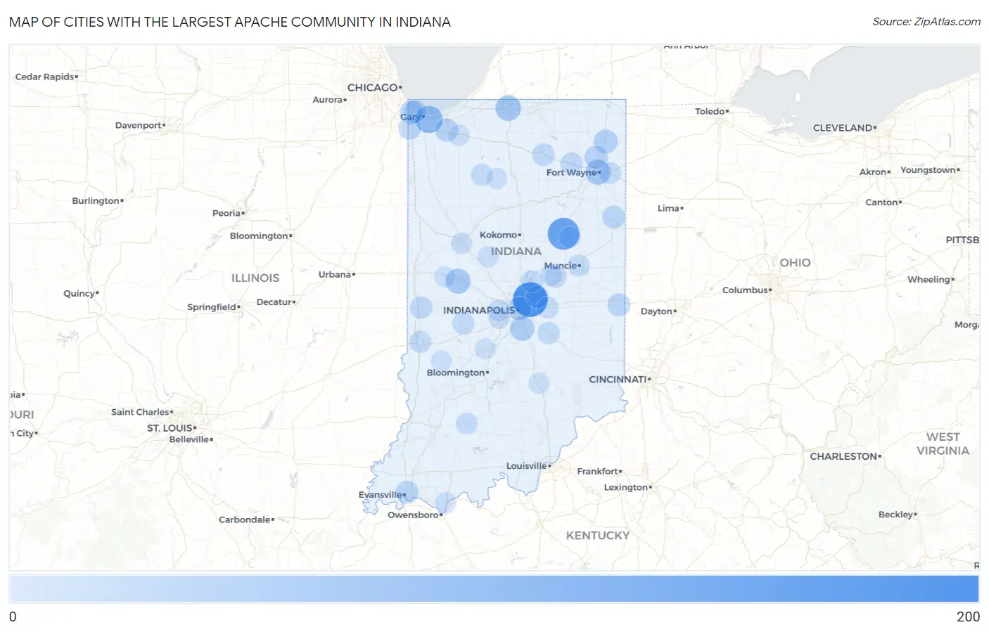 Cities with the Largest Apache Community in Indiana Map