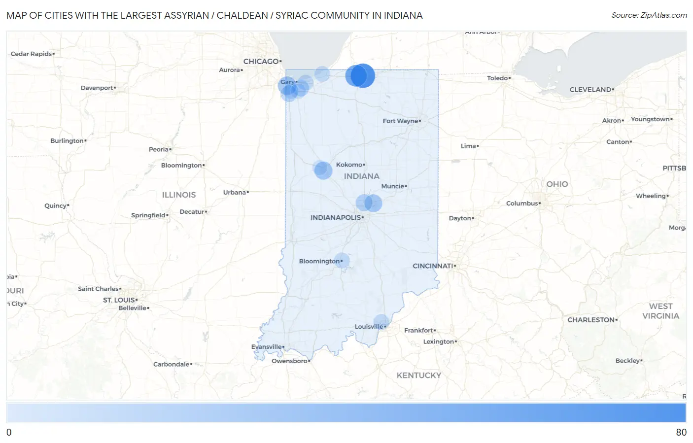 Cities with the Largest Assyrian / Chaldean / Syriac Community in Indiana Map