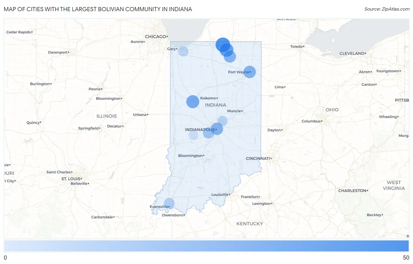 Cities with the Largest Bolivian Community in Indiana Map