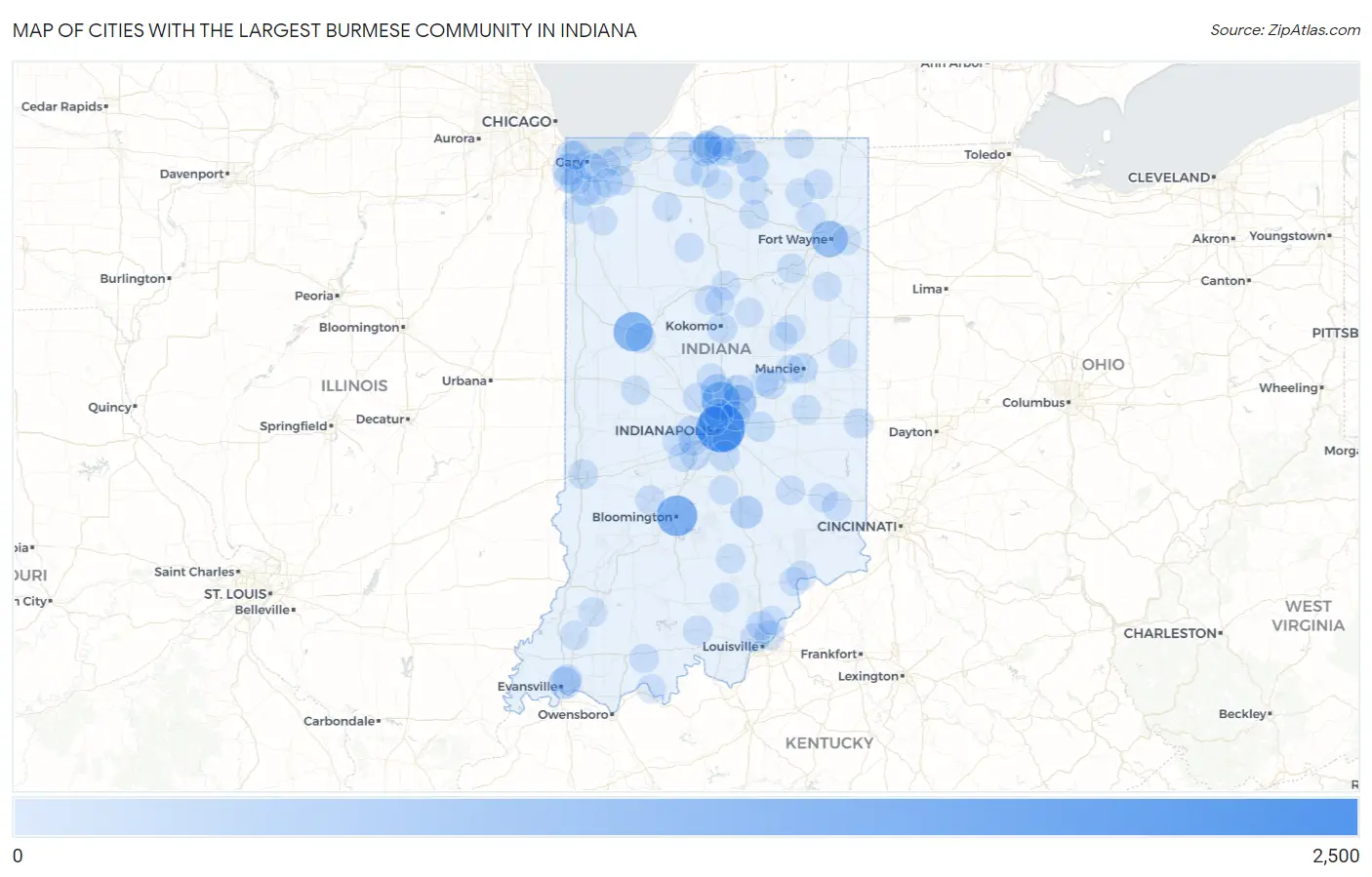 Cities with the Largest Burmese Community in Indiana Map