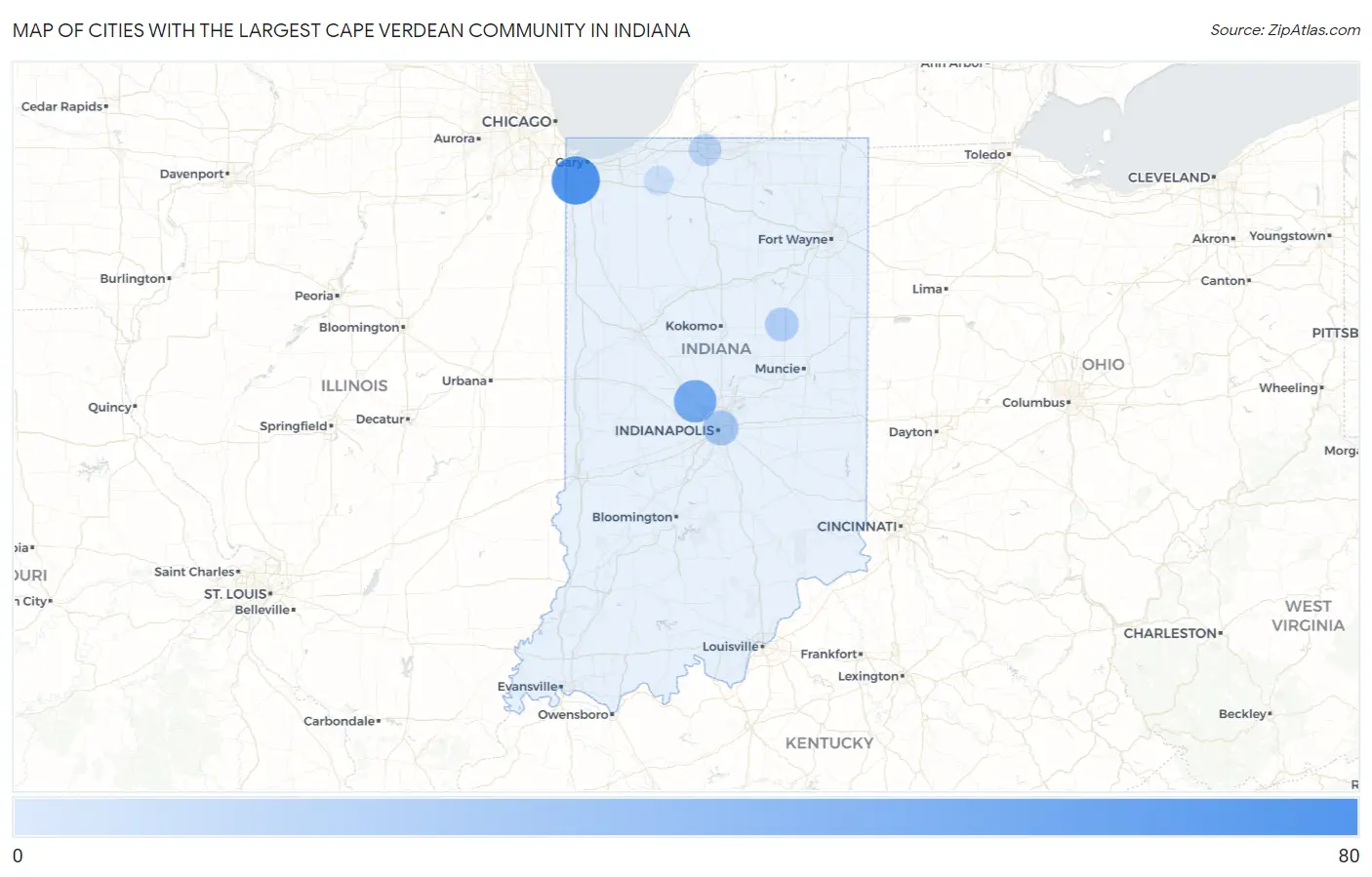 Cities with the Largest Cape Verdean Community in Indiana Map