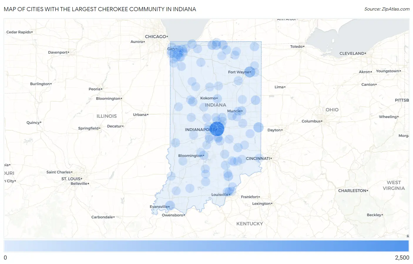 Cities with the Largest Cherokee Community in Indiana Map