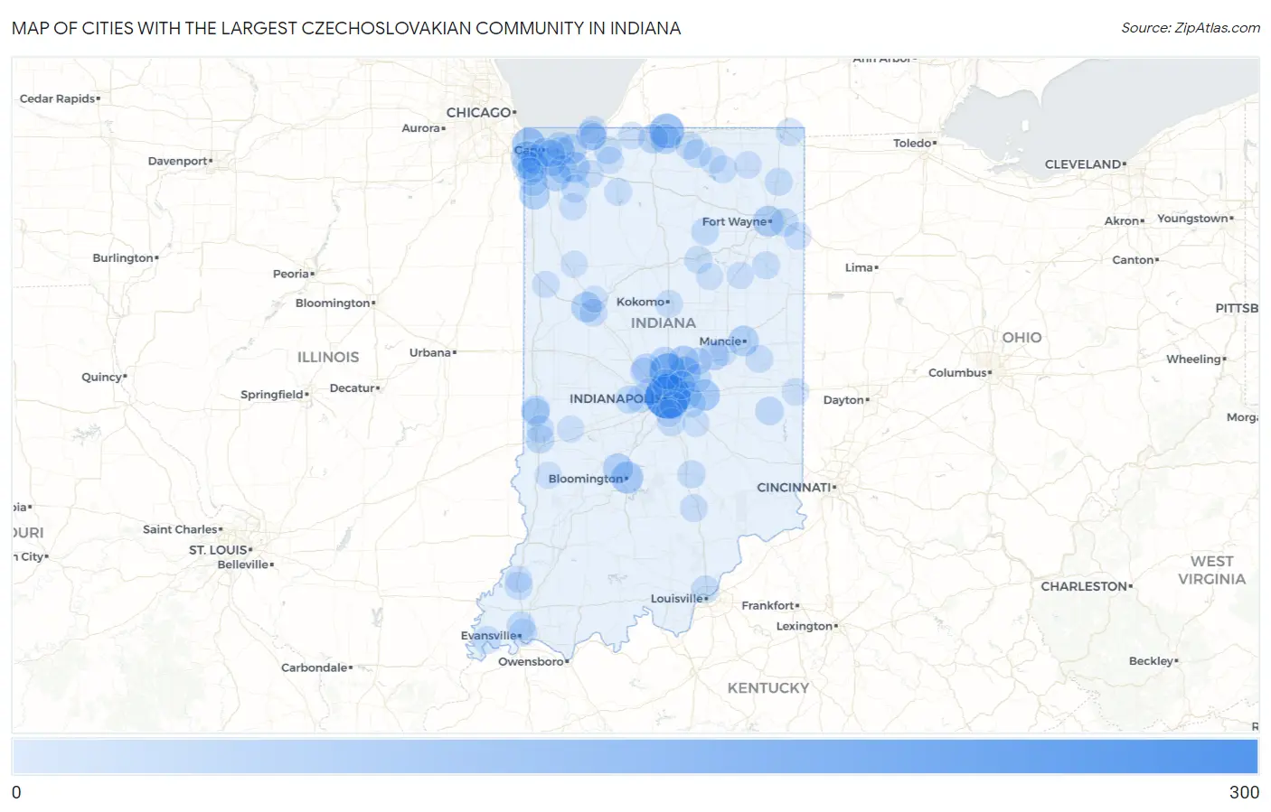 Cities with the Largest Czechoslovakian Community in Indiana Map