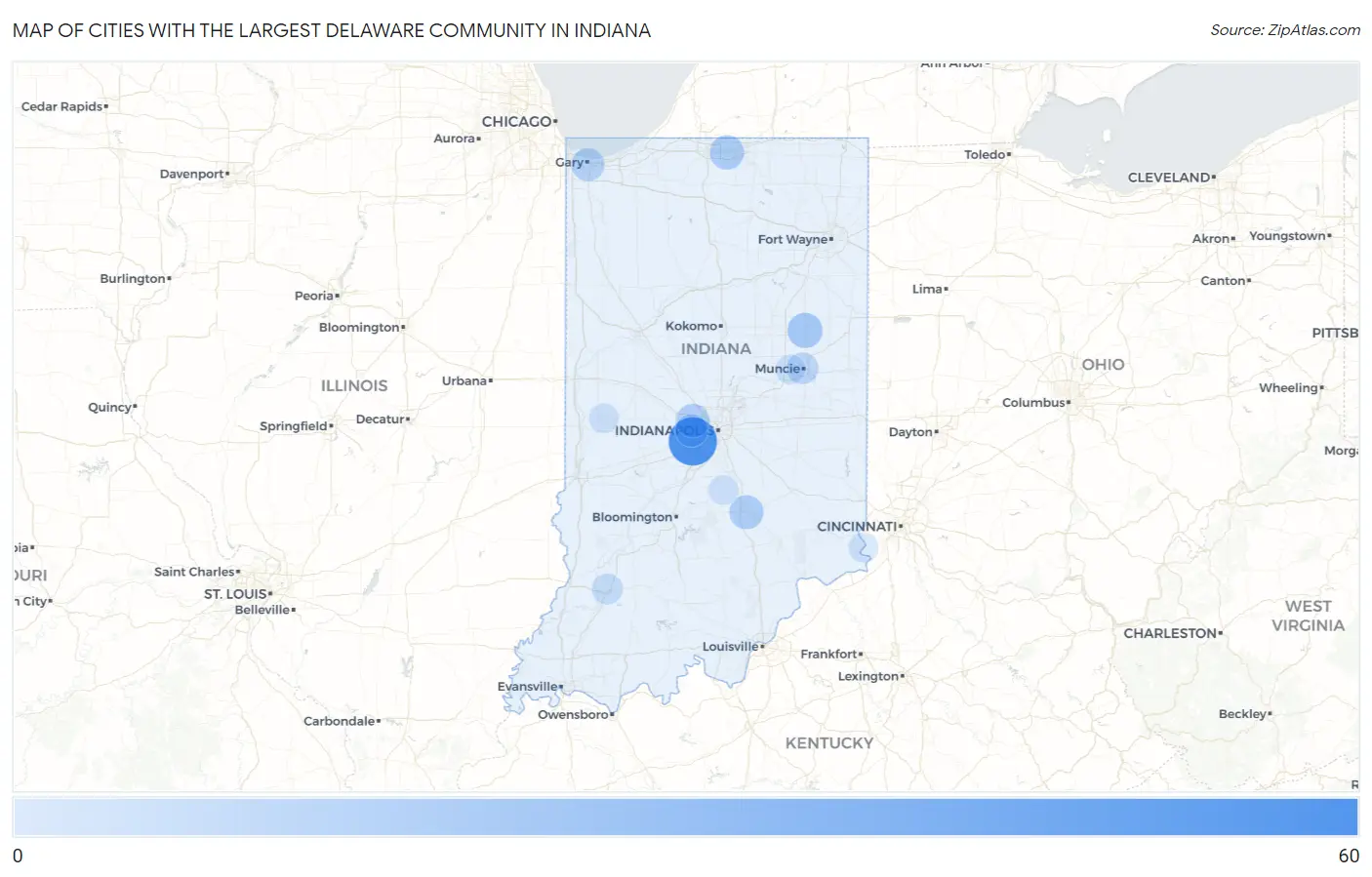 Cities with the Largest Delaware Community in Indiana Map