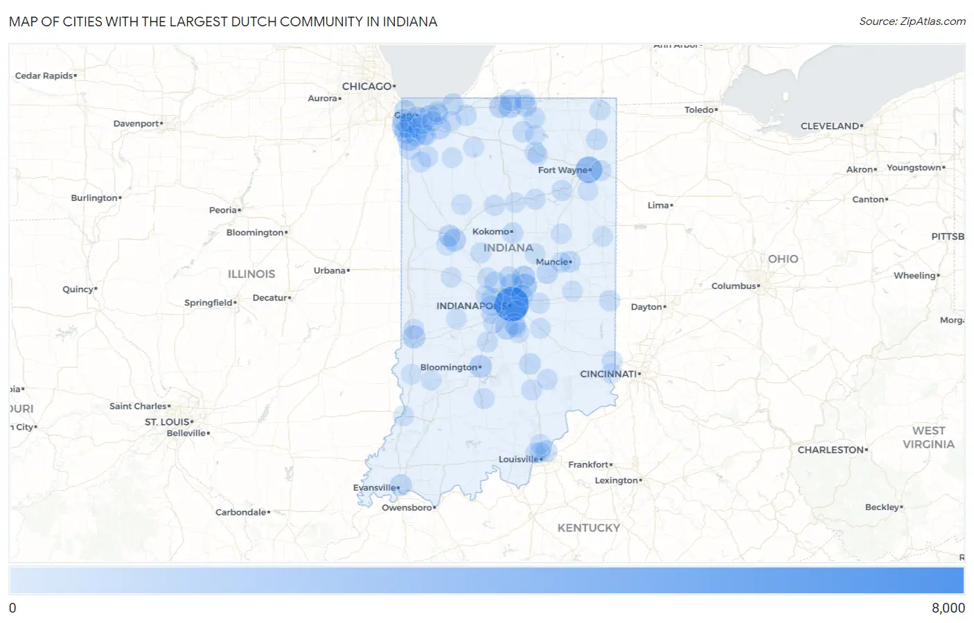 Cities with the Largest Dutch Community in Indiana Map