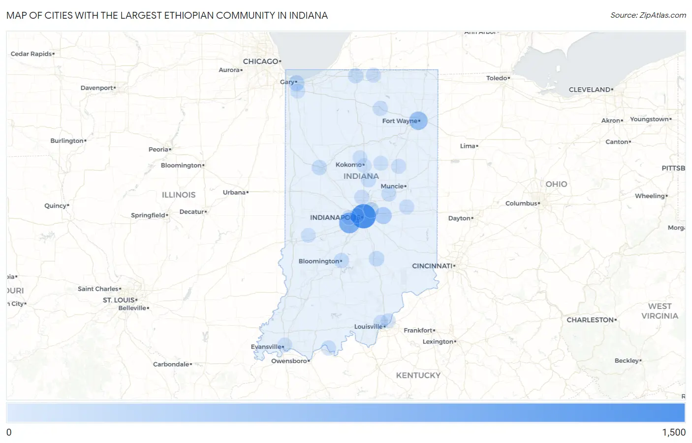 Cities with the Largest Ethiopian Community in Indiana Map
