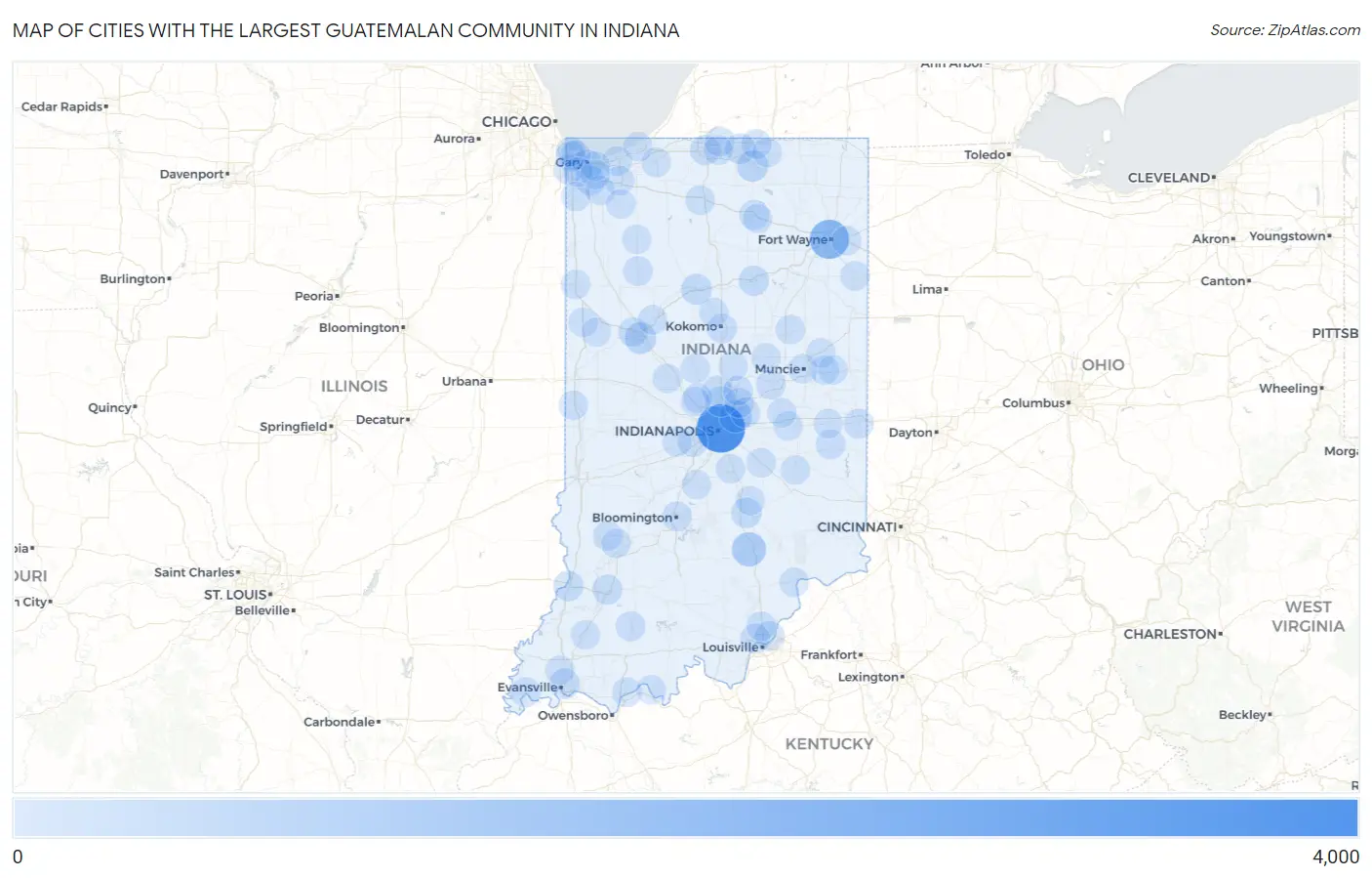 Cities with the Largest Guatemalan Community in Indiana Map