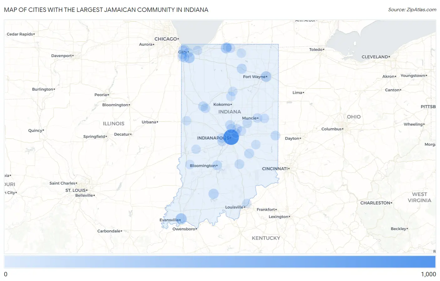 Cities with the Largest Jamaican Community in Indiana Map