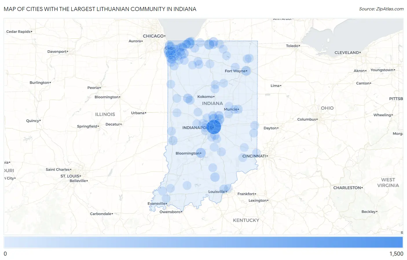 Cities with the Largest Lithuanian Community in Indiana Map